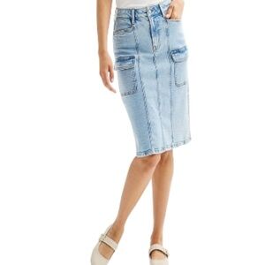 Women’s Blue Denim Pencil Skirt Size 8 Jean Stretch Utility Pockets Casual NWT